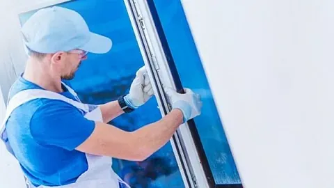 Montør med hansker installerer et vindu i en vegg, iført blå t-skjorte og lyse arbeidshansker