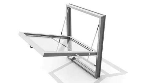 Metallrammet topphengslet vindu som er åpent, vist mot hvit bakgrunn